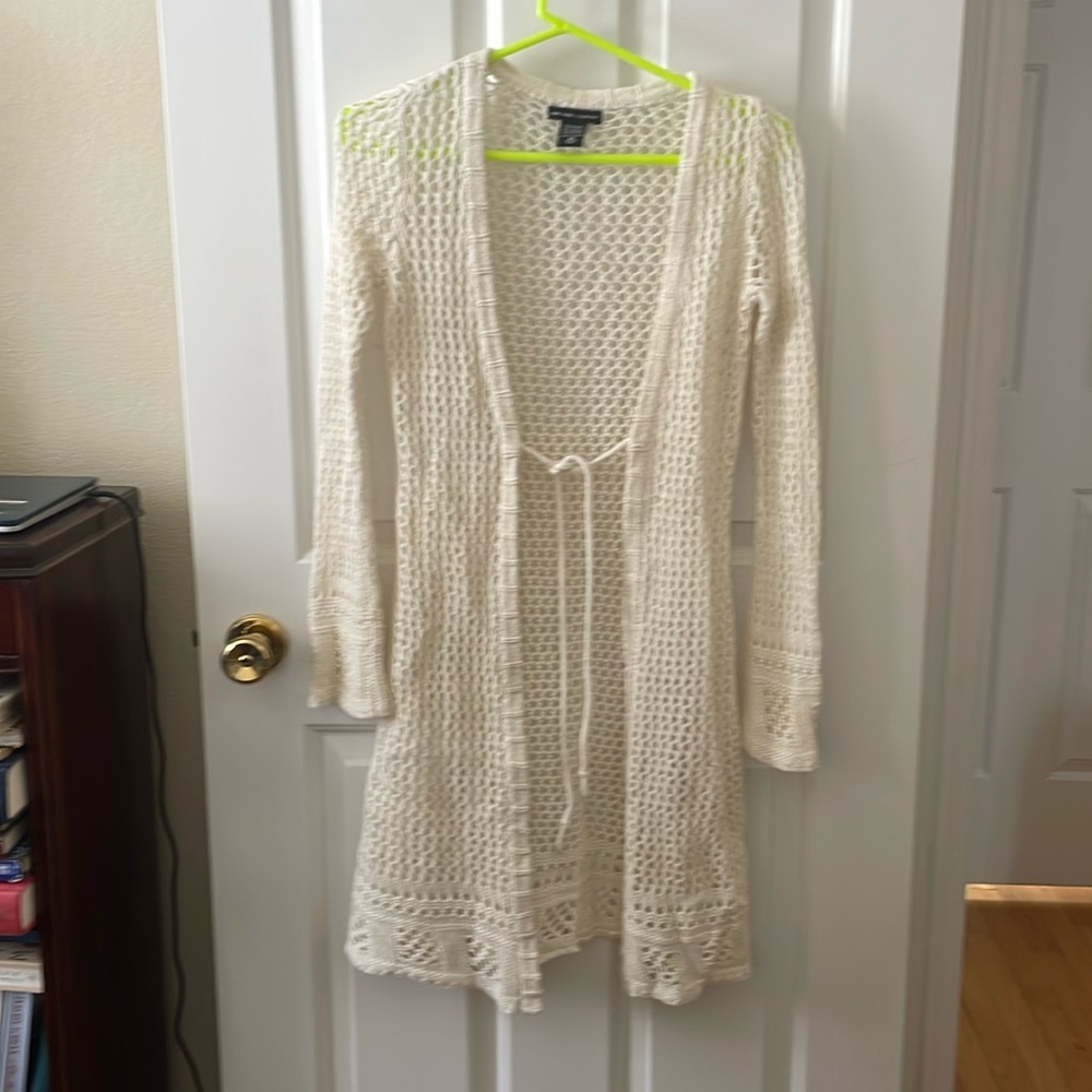 Long crocheted cardigan with tie at waist. New York & Co. Nice* condition. XS